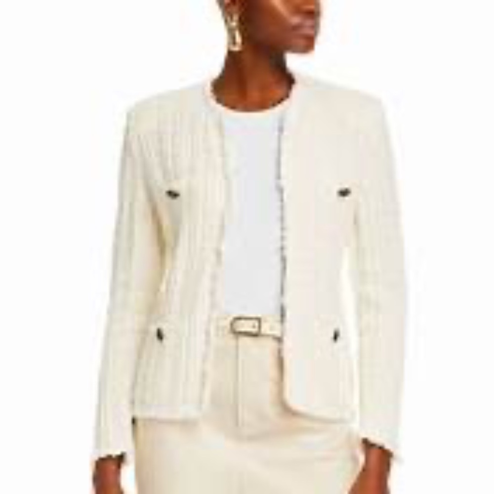 Aqua Bloomingdale's Cardigan Jacket Blazer Sweater Fringe Trim Ivory Small New!